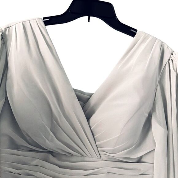 Lavetir Silver Chiffon V-Neck Long Formal A-Line Dress Lace Up Back Size Small - Picture 6 of 14
